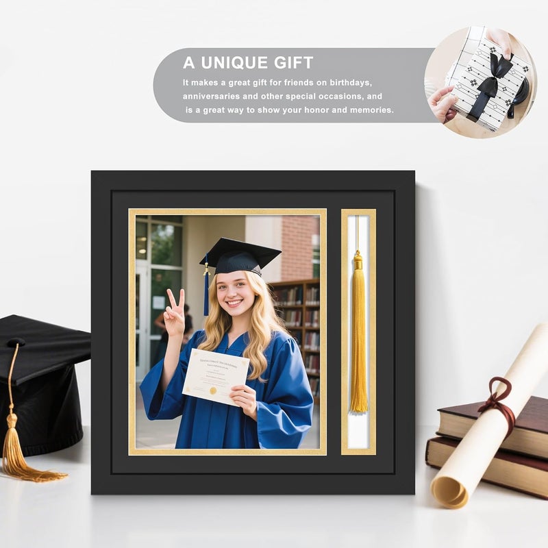 Picrit Photo Frame with Tassel Holder for 8x10 Pictures with Tempered Glass, Class of 2025 Graduation Decoration Gift, Black over Gold Mat, Wall or Tabletop Display - Image 5